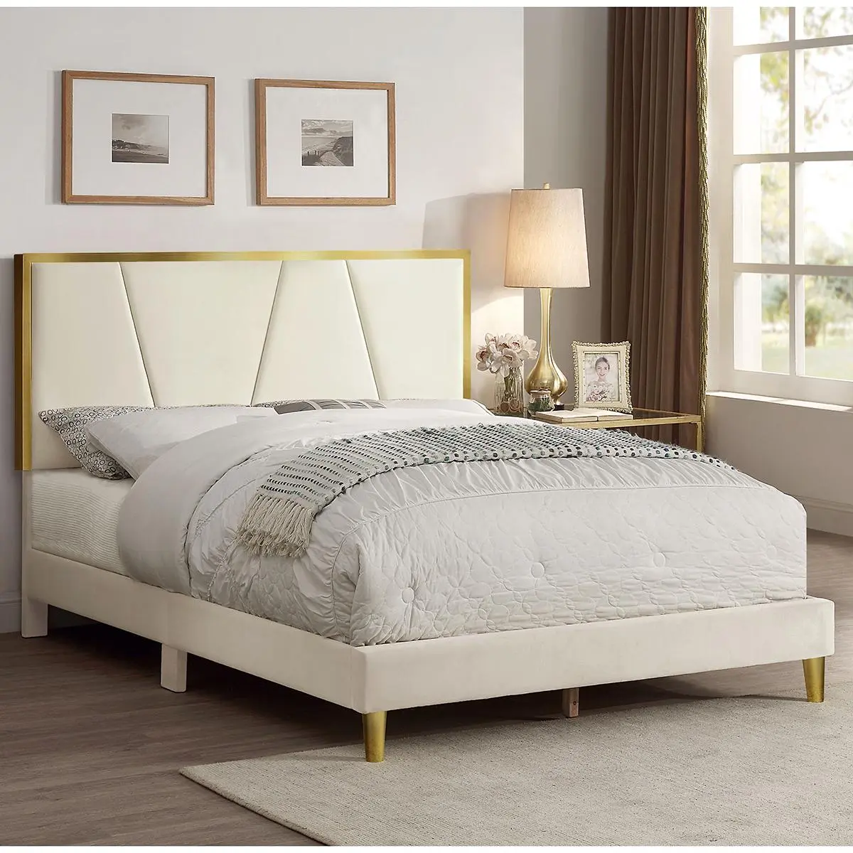 24/7 Shop At Home Chedda Contemporary Wood Frame Beige Fabric Upholstered Full Platform Bed for Bedroom, Guest Room