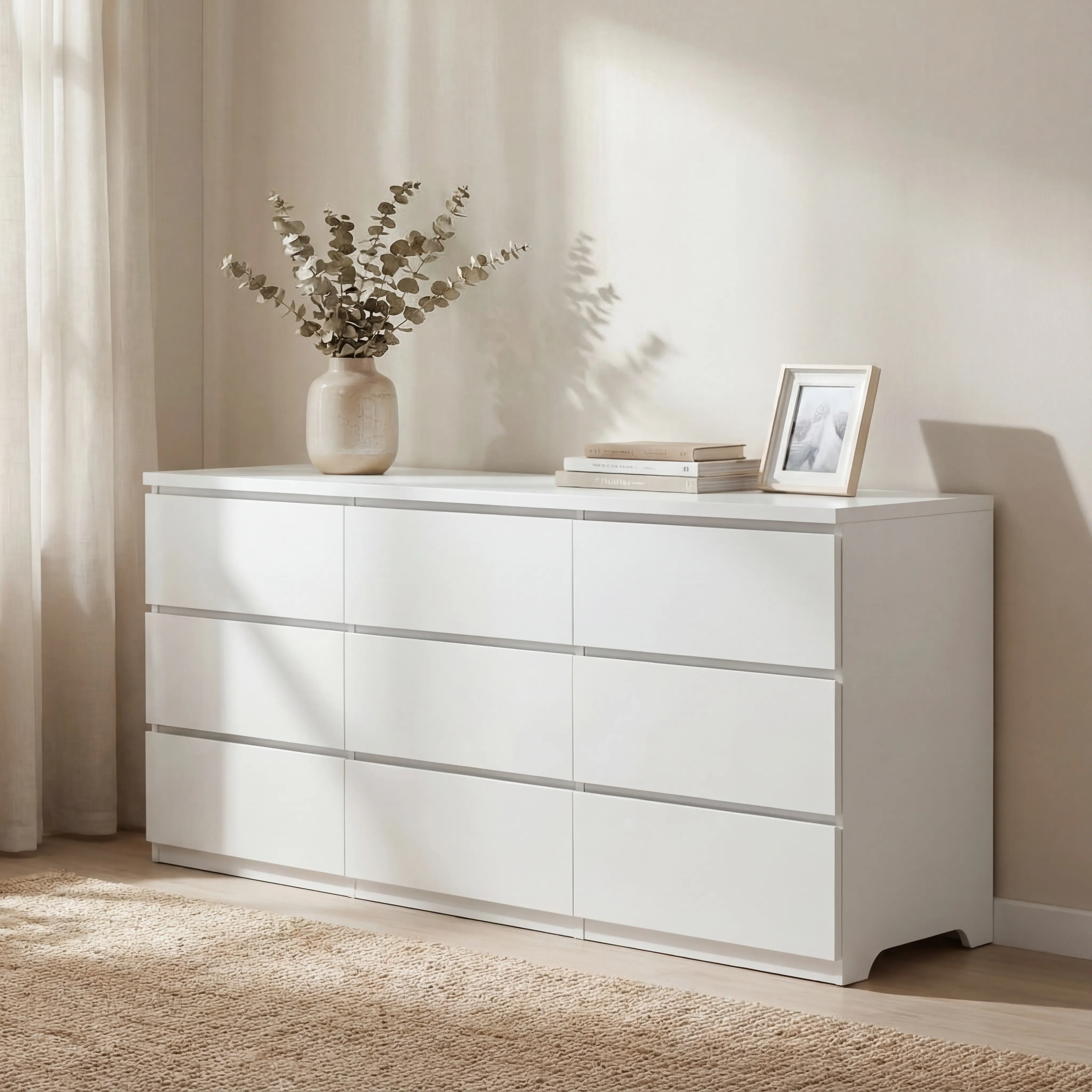 Stain-Resistant 9-Drawer Particle Board Cupboards Cabinets Dresser, 63" No-Handle Modern White Matte Rectangular Storage Chest, Bedroom Clothes Drawers for Bedroom & Living Room, Single Unit Smooth-Front Indoor Cabinet, Requires Assembly