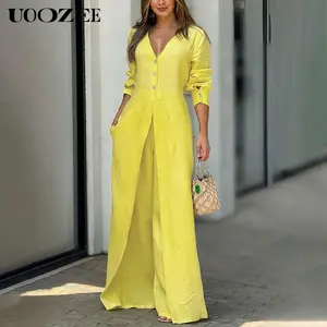 UOOZEE 2025 Elegant Women's Bright Color Jumpsuit, Spring and Autumn V-neck Button Long Sleeve High Waist Wide Leg with Pockets Jumpsuit Women's Jumpsuit Daily Leisure Commuting & Date Can Be Worn in Many Occasions (Runs Small in The Bust and Shoulders)