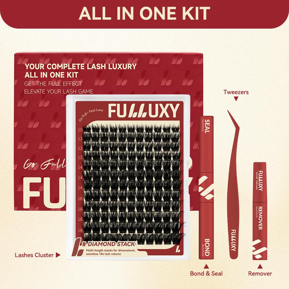 Fulluxy Diamond Stack | Classic Full Volume Lashes | DIAMOND STACK Kit Fluffy, Long-Lasting & Easy DIY | Complete Set with Glue Remover & Tweezer for Beginners | One Layer = Bold, Luxe Volume