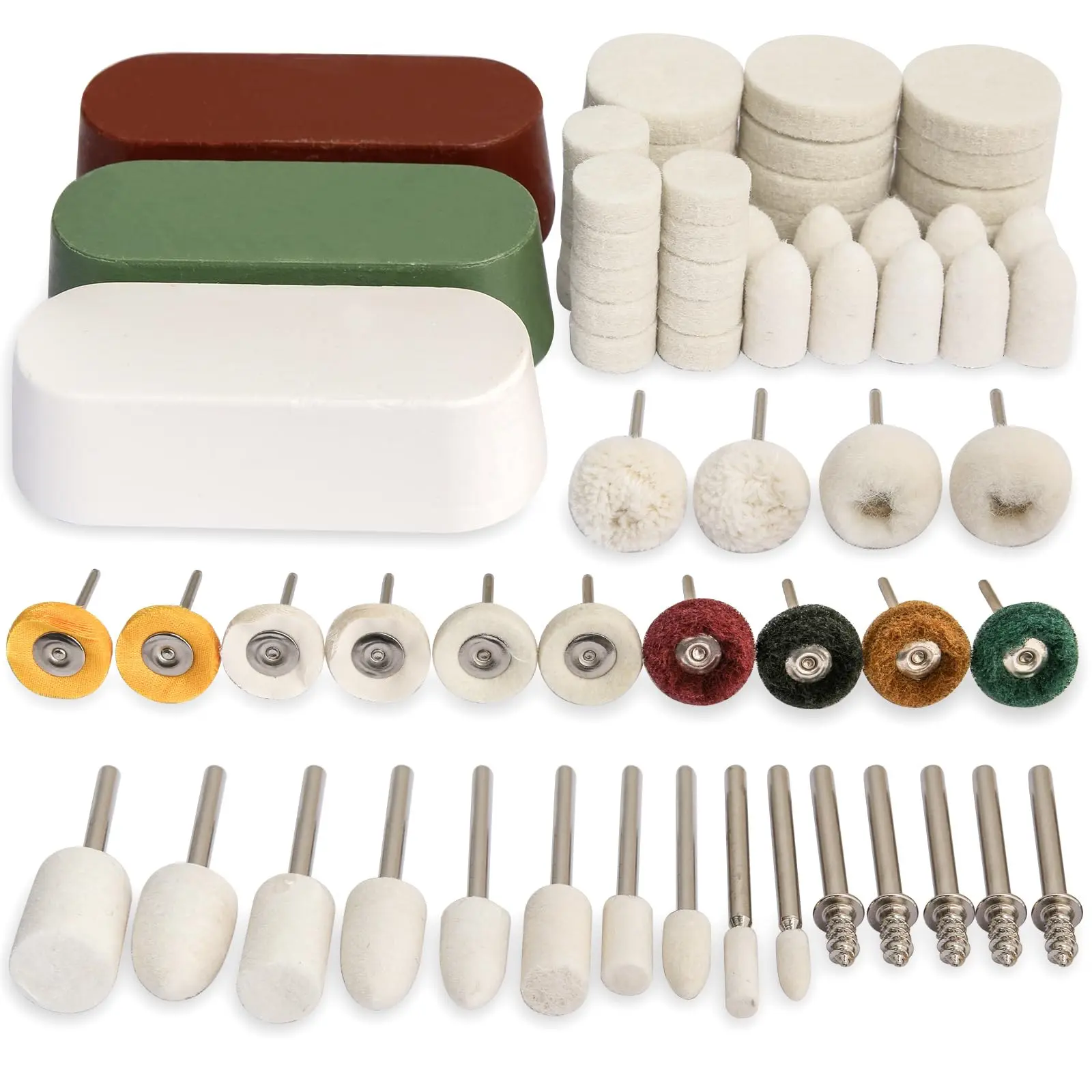 72 PCS Dremel Buffing Polishing Kit - Rotary Tool Accessories with 1/8 inch Shaft, Professional Compound, Abrasive Grinding & Wool Felt Cotton Mounted Parts, 10pcs*0.37inch Buffing Wheel for Metal Polish, Car Wheels