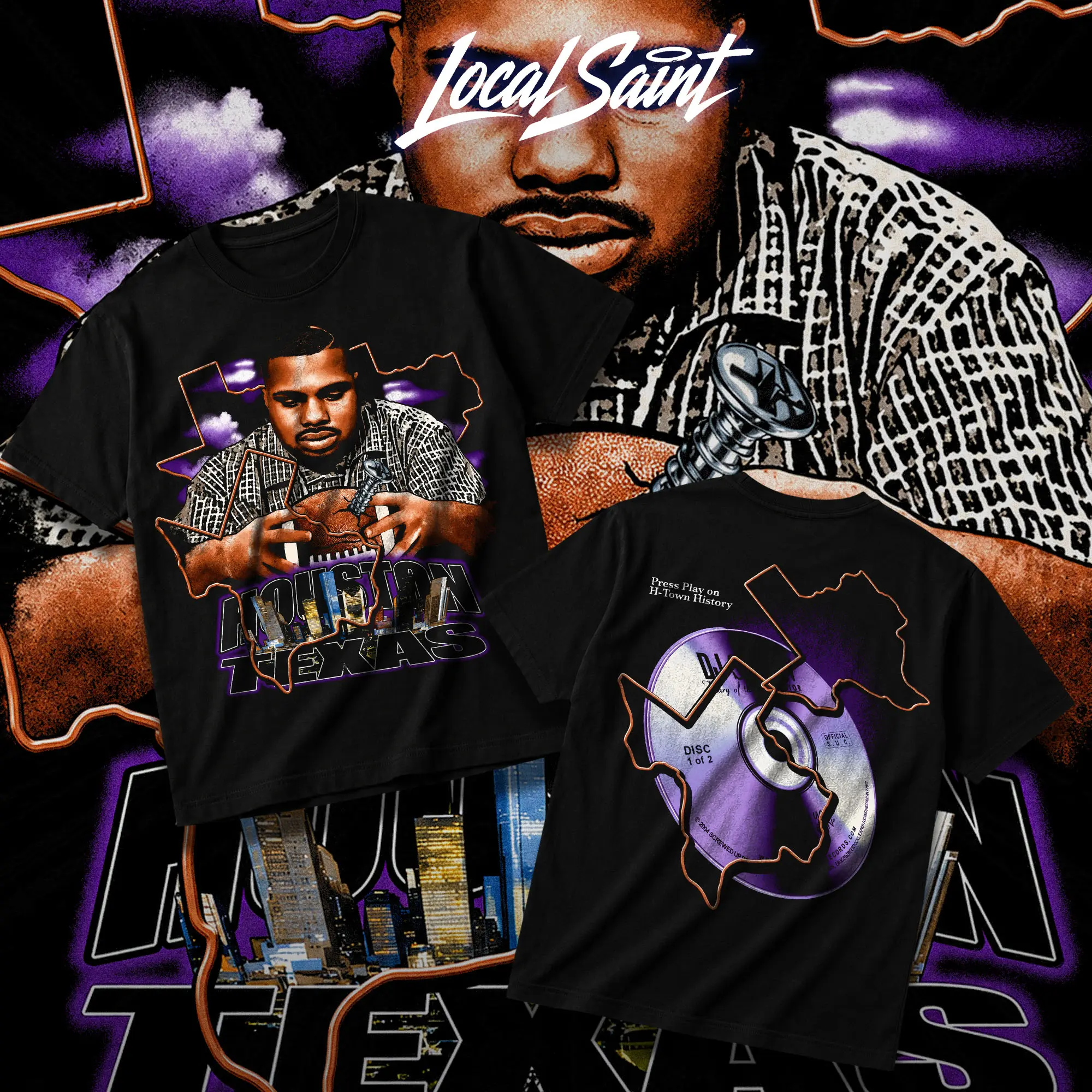 LOCALSAINT DJ Screw H-Town Heavy Cotton Unisex Graphic T-Shirt Hoodie Houston Rap Texas Screwed Up Click DJ Screw 713 Crewneck Tee, Vintage Streetwear Graphic T-Shirt Direct To Garment Breathable Print