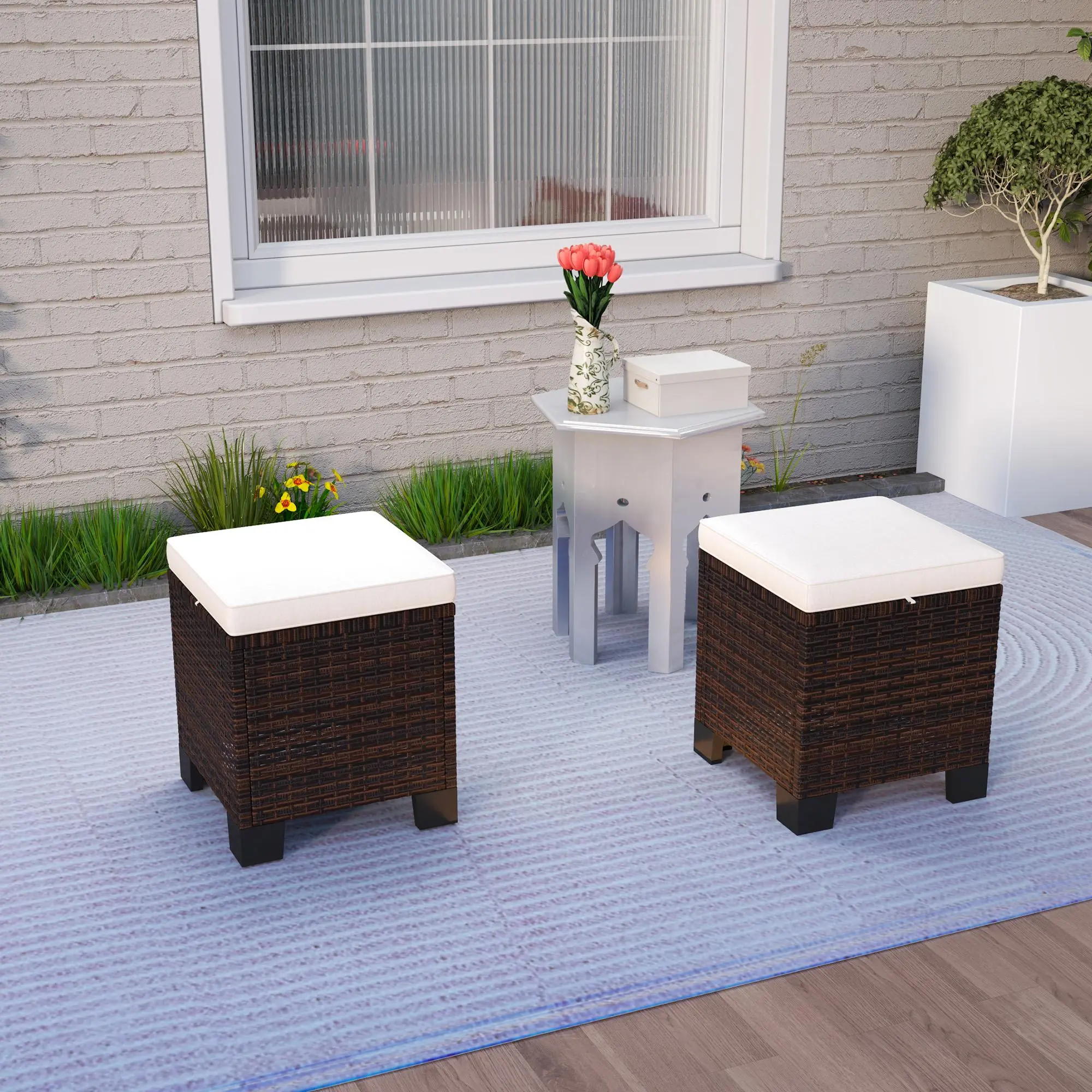 2 Piece Wicker Outdoor Ottomans with Cushions, Rattan Ottoman Footrest and Side Table for Patio, Yard, Poolside, Beige