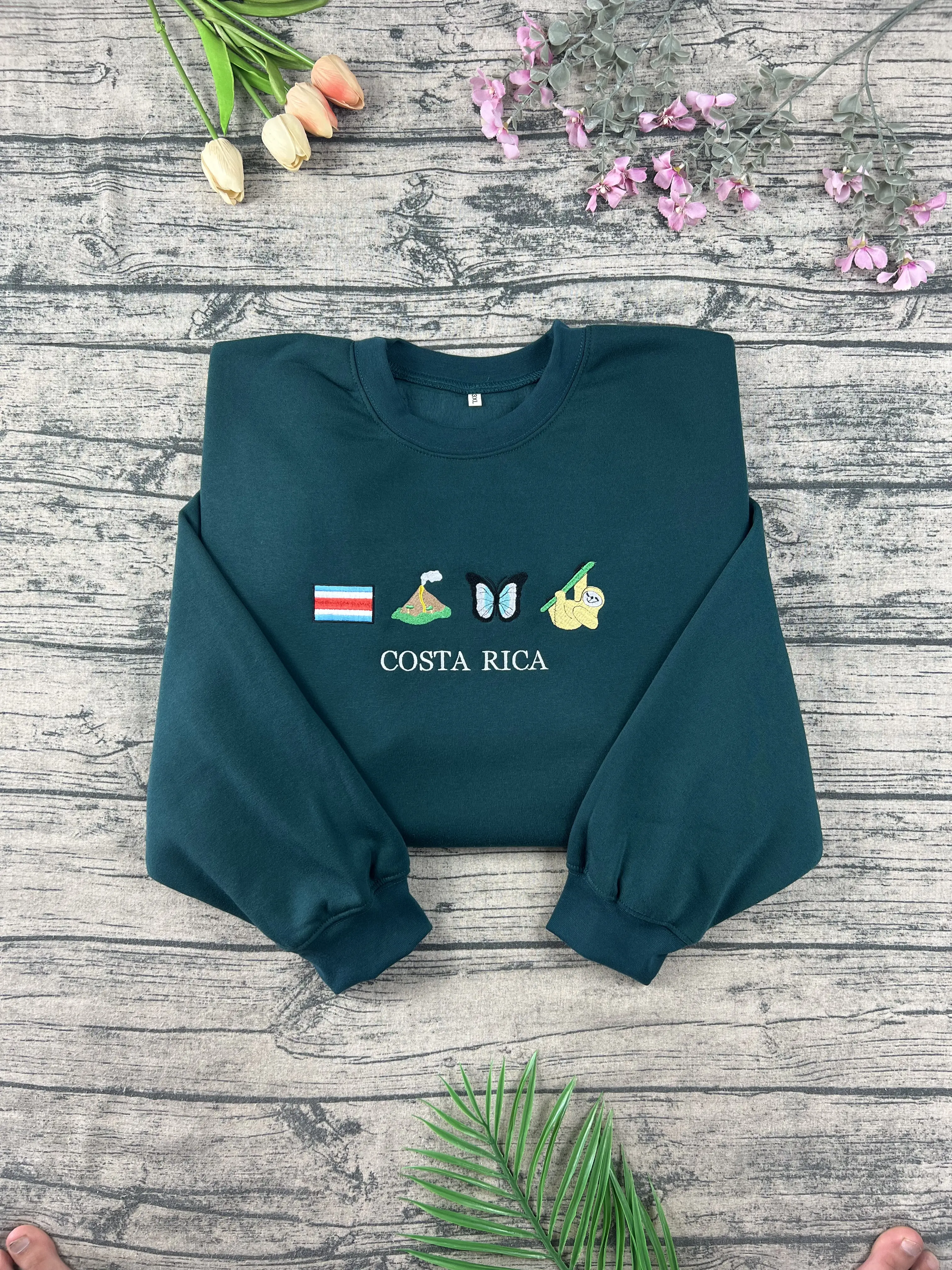 Costa Rica Embroidered Sweatshirt Costa Rica Flag, Homage to Volcanoes, Butterflies, Sloth Crewneck