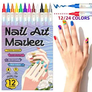 12/24 Dual-Ended Nail Art Markers, Cotton Core Acrylic Pens, Smooth, Coverage, Vibrant Colors, Abstract Lines, Floral Patterns, DIY Manicure Tools