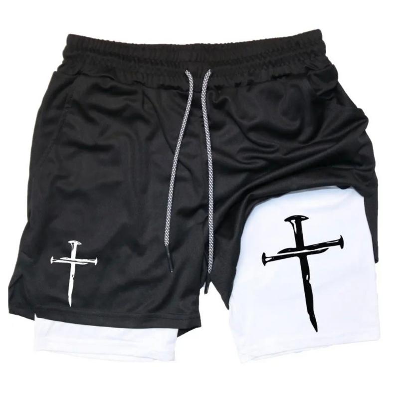 Quick-Dry Brick Gym Shorts 2-in-1 Basketball Running Workout Shorts with Zip Pockets Graphic Cross Print Design Casual Home Regular Fit Youth Sporty Drawstring Waist Shorts
