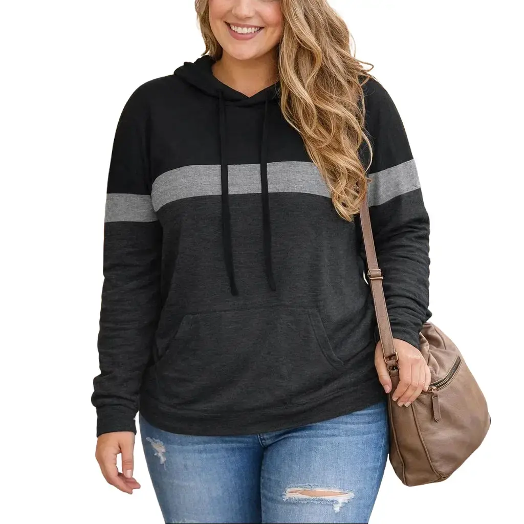 Women's Plus Size Clothes: Color Block Oversized Hoodie, Long Sleeve Tunic Top, Fashion Apparel with a Kangaroo Pocket & Adjustable Drawstring, Longsleeves