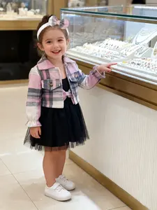 Girls' Three-Piece Set, Single-Breasted Lapel Plaid Pattern Jacket, Mesh Tank Dress, Butterfly Knot Headscarf, Fashionable and Comfortable