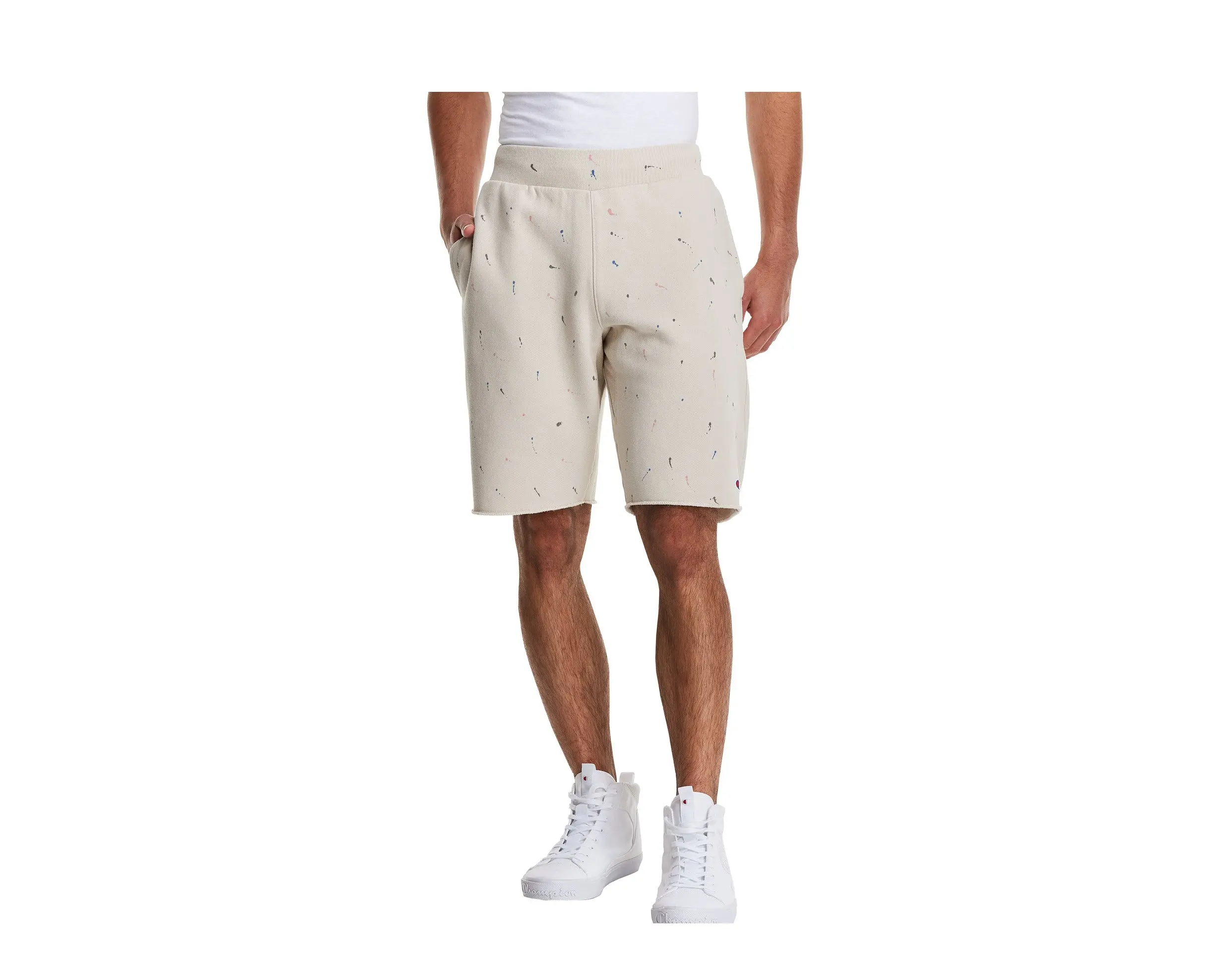 Champion C Life Reverse Weave Paint Splatter Shorts in Pebblestone | Elastic Waist