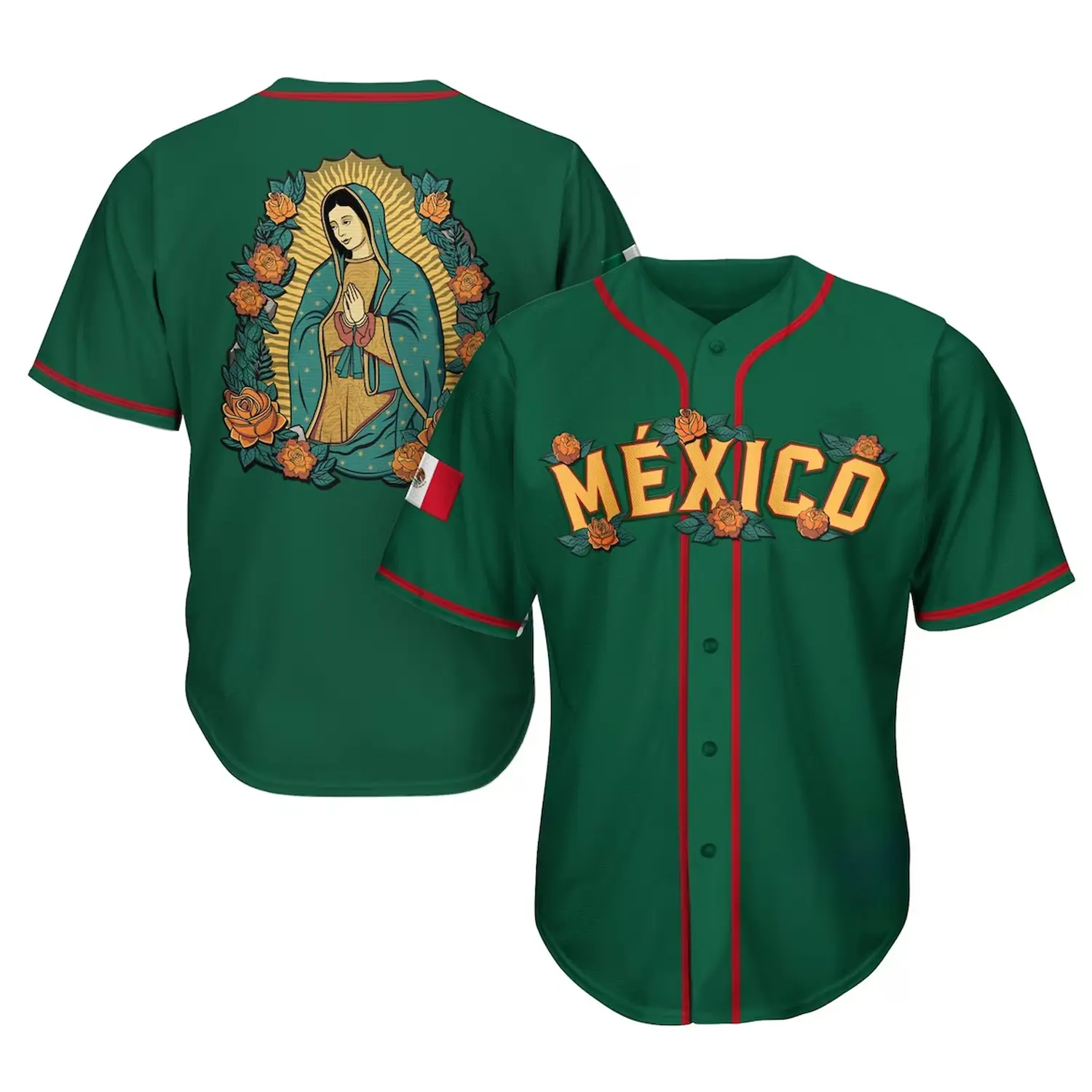 Mexico Guadalupe Print Baseball Jersey, Men's Gift, Button Short Sleeve Sports Jersey, Loose Breathable Soft Comfort V-Neck Top