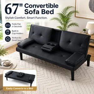 Super Sofa Bed 67 Inch PVC Futon Couch Foldable Sleeper Sofa with Cup Holder Convertible Loveseat for Living Room Guest Room Apartment Small Space Recliner Lounge Sofa Bed Modern Multi Functional Furniture