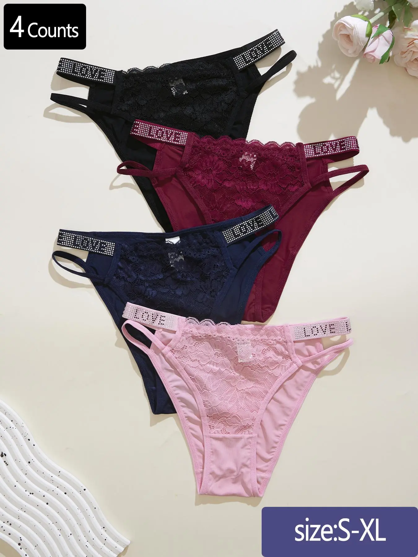 Dorsu 4/5 Pcs Sexy Girl Feminine Briefs, Lace Trim Knickers, Fitted Panties, Simple Mid-Low Waist Thin Strap Rhinestone Belt Lace Edge Floral Soft Breathable Panty Triangle Panties, Pure Desire Women's Underwear