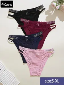 Dorsu 4/5 Pcs Sexy Girl Briefs, Simple Mid-Low Waist Thin Strap Rhinestone Belt Lace Edge Floral Soft Breathable Triangle Panties, Pure Desire Women's Underwear