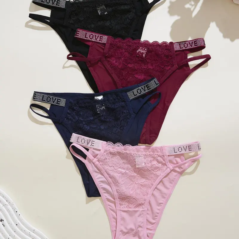 Dorsu 4/5/6 Pcs Sexy Girl Briefs, Simple Mid-Low Waist Thin Strap Rhinestone Belt Lace Edge Breathable Triangle Panties, Pure Desire Women's Underwear, Breathable Stretch Underwear