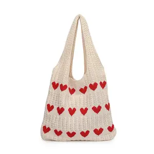 Crochet Tote Bag Heart Pattern Knitted Shoulder Bag