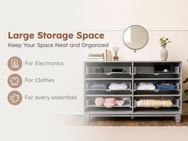 BERRY NEST Modern Minimalist Dresser for Bedroom, 47.2'' Wide Wood Grey Dresser with 6 Drawer, Farmhouse Chest of Drawers with Metal Handle, Closet Store Organizer for Living Room, Hallway