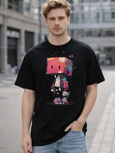 Men's Pixel Rebel Box Graphic Short-Sleeve T-, Casual Round Neck Streetwear Cartoon Print Unisex Everyday Style Top  trendy t- funny shirts