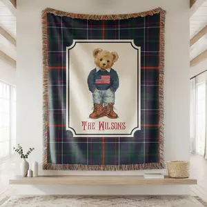 Custom Name USA Bear Blanket • Woven Cotton Plaid Blanket • Cozy Personalized Gift 🇺🇸