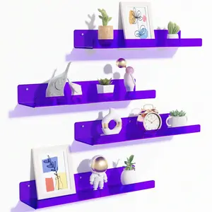 4 Pack Acrylic Shelves For Wall Storage, 15" Floating Bookshelves For Kids, Display Shelf Organizer For Bathroom, Bedroom, Living Room, Kitchen, Room Decor, Clear Purple Plastic Set Decoration Installation