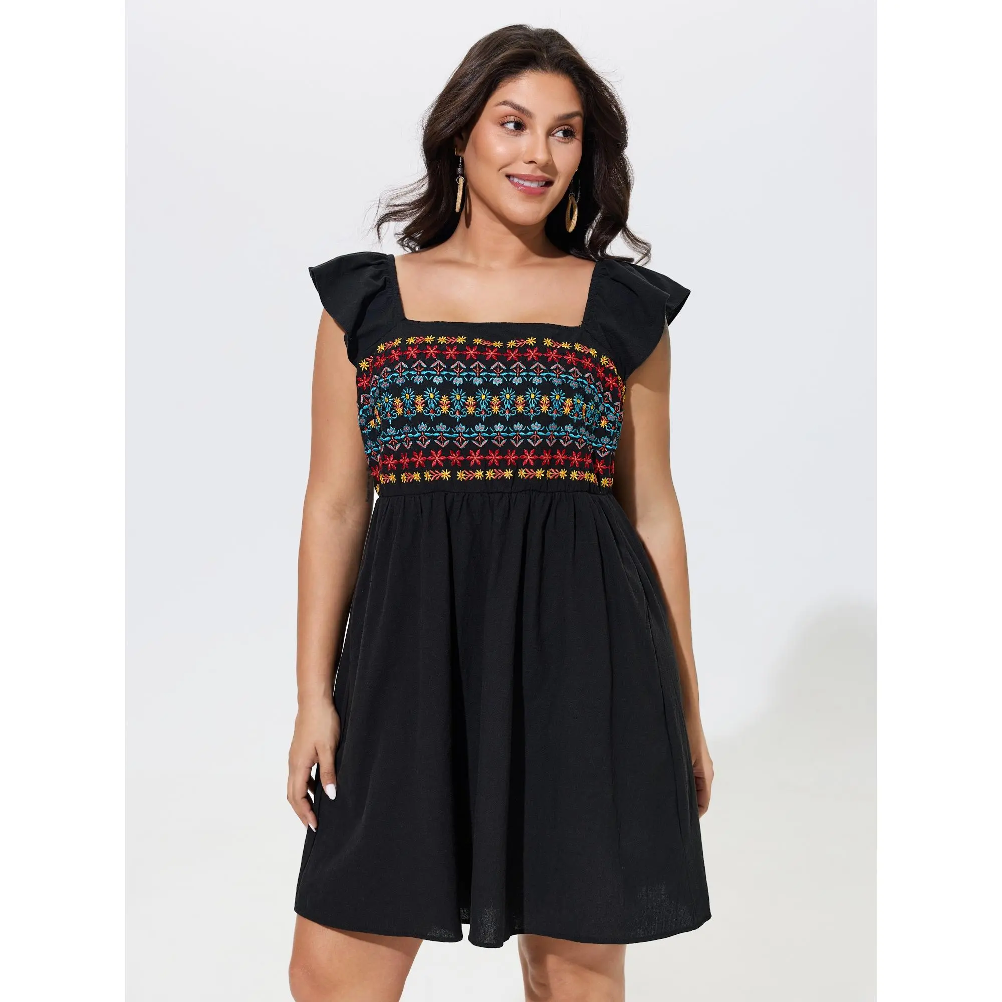 BLOOMCHIC Women's Plus Size Bohemian Casual Cotton-Spandex Blend Smooth Garment, Ruffle Straps, Mini Dress, Sizes M-6X, 2026 Summer Style, Fabric, Fit, Pocket, Sleeve, Square Neck, Casual Wear, Embroidery Detail, Pull-On