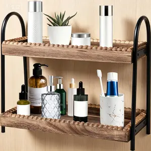 2 Tier Wooden Vanity Organizer, Bathroom Countertop Storage Shelf for Cosmetics Skincare Perfume, Kitchen Coffee Station Counter Organizer with Bead Design, Space Saving Decorative Shelf