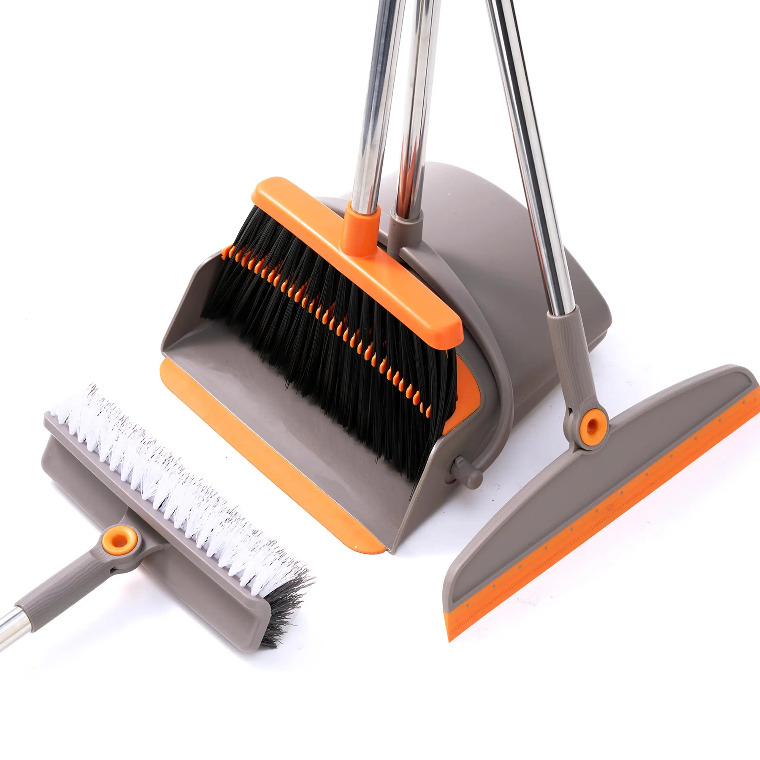 Multifunction 3-in-1 Broom And Dustpan  Silicone Squeegee Scrub Brush Set With Long Adjustable Handle For Indoor & Outdoor Sweeping Scrubbing Ideal Pet Hair Liquids Spills Dirt