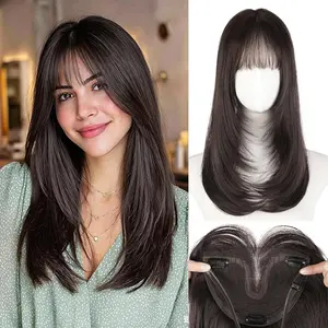 Layered Straight Synthetic Hairpiece with Bangs, 20 Inch Women’s Hair Toppers for Thinning Hair, Upgraded 3D Lightweight Big Base & Adjustable Band