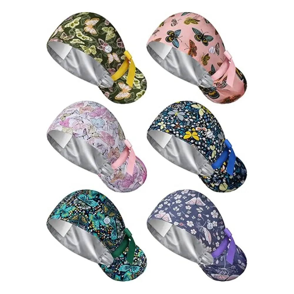 6 Pcs Satin Lined Scrub Caps Women Nurse Surgical Hat with Buttons Ponytail Working Adjustable Shower Caps Tie Back campingessentials