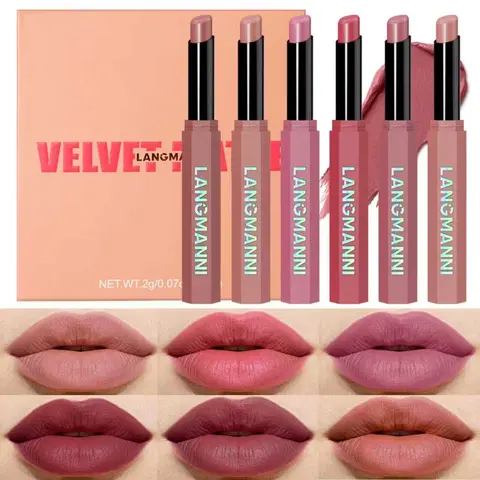Langmanni 6 pcs 12-Color Velvet Matte Cosmetic Lipstick Set, Lip Product, Hexagonal Tube Design, Smooth Application Lip Makeup, Perfect for Daily Use