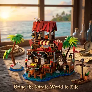 Pirate Bay Market Building Blocks 856PCS – Pirate Harbor Market & Dock Model Kit with Rum Bottles Parrots Magnetic Tiles Fun Gifts for Collectors and Diorama Builders