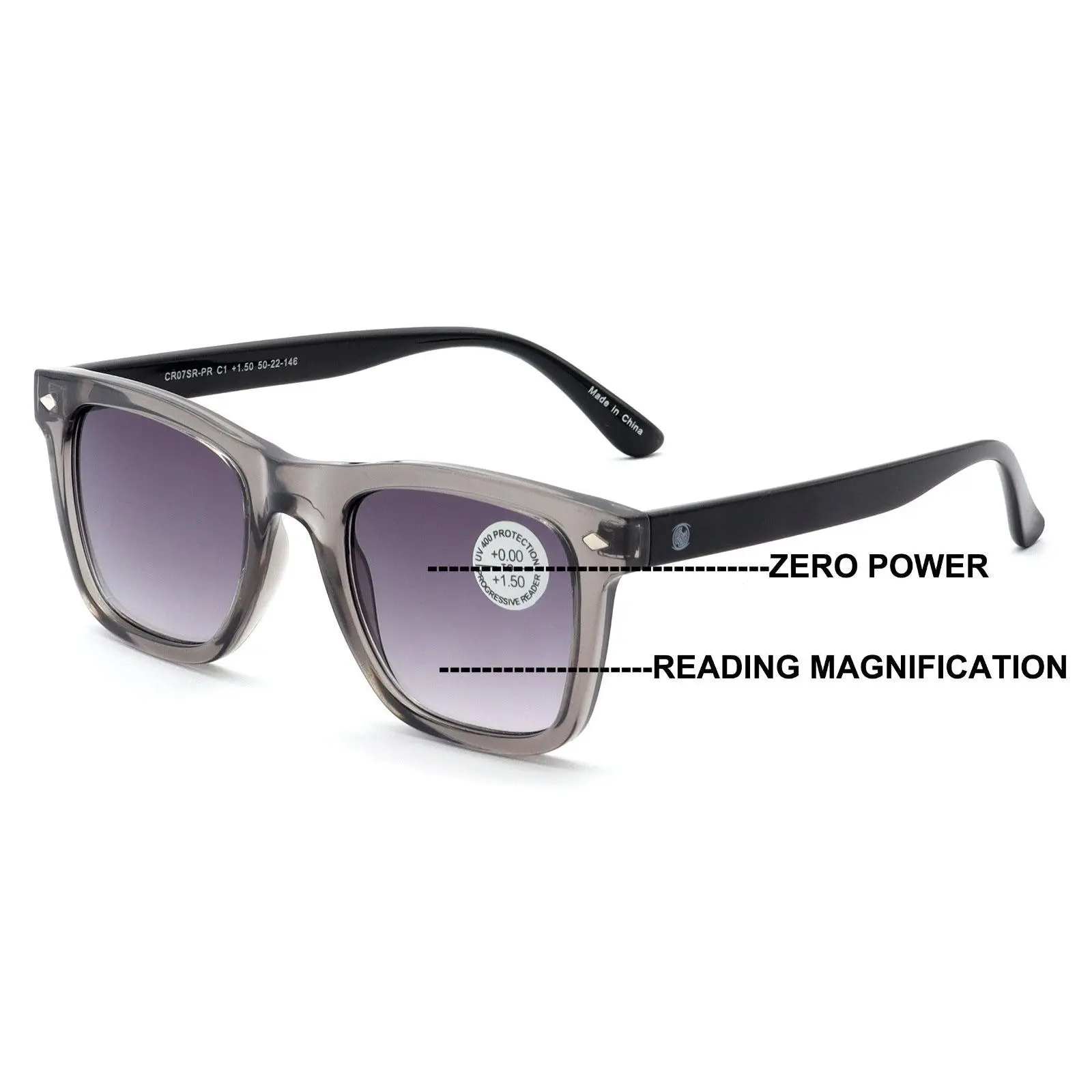 Tinted Progressive Reading Sunglasses For Men or Women - Zero Power On Top Reade