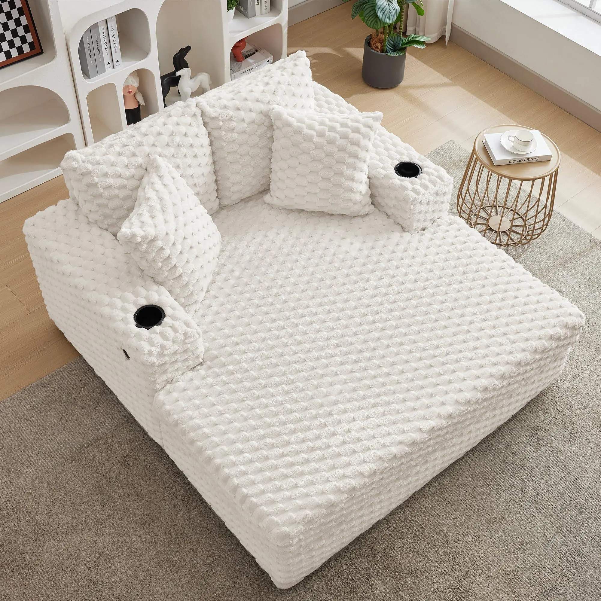 Garvee Beige 60 Inch Oversized Chaise Lounge Indoor, Upholstered Sofa Bed with Throw Pillows and Armrests, Sleeper Chair- Cozy Reading Chair for Living Room, Bedroom, Home