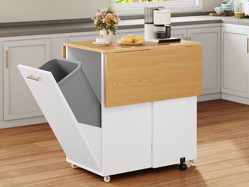 DWVO Folding Kitchen Island with Trash Can Storage Cabinet & Power Outlet, Drop Leaf Kitchen Islands Table Long Floating on Wheels w 3 Storage Racks Cabinet for 10 Gallon Garbage Bin
