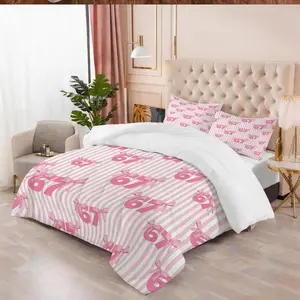 Coquette French Style No.67 Pink Bow Striped Comforter Set, Soft HD Digital Print Quilted Bedding with U-Shaped Stitching, 1 Comforter + 1/2 Pillowcases, for Girls Bedroom & Preppy Room Decor，No Pillow Inserts Included