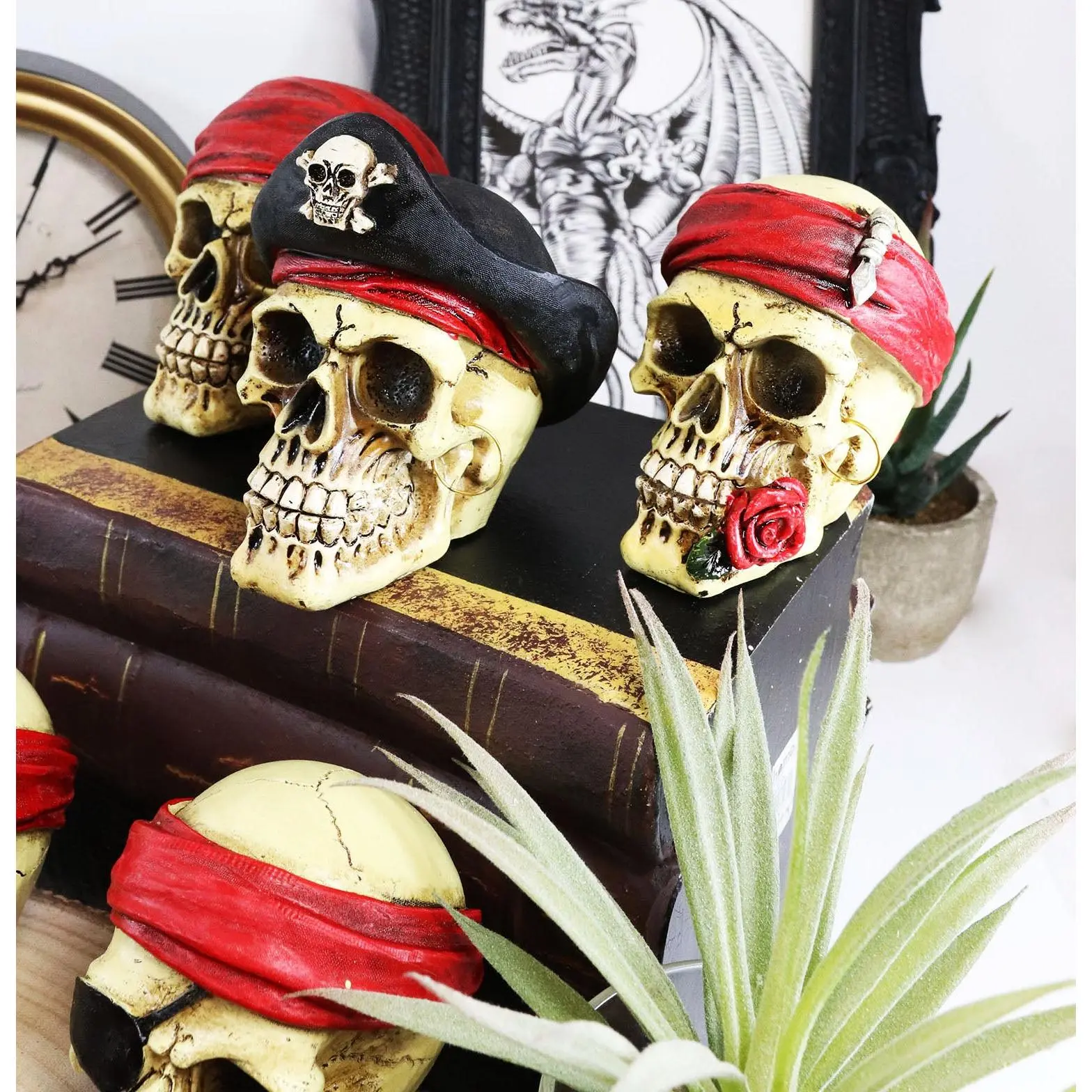 Ebros 4-Piece Skeleton Pirate Captain Marauders Caribbean Sea Terrors Skulls Figurine Set - 3.25" Deep Home Decor Ornaments, Eye-Catching Pirate Themed Statue for Home Display, Old World Pirate Memories, Exotic Skull Figurines