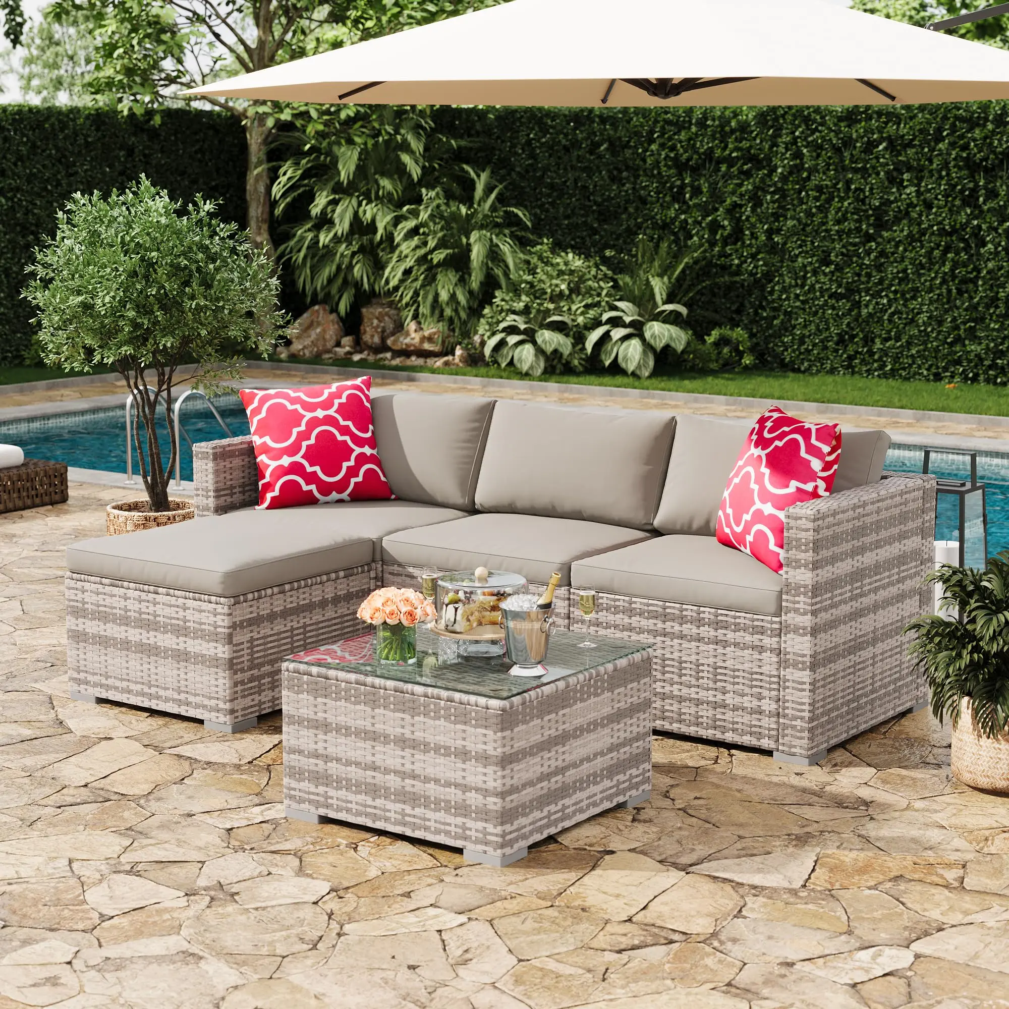 5-Piece Modern Patio L-Shaped Conversation Sofa Set with Glass Coffee Table, Cushions & Ottoman, All-Weather Gradient PE Rattan Outdoor Sectional, For Balcony Deck Backyard, Relax In Style