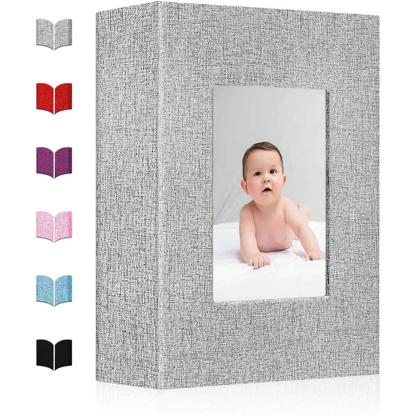 Classic Window Insert 4x6 Small Linen Cover Slide-in Mini Photo Album - Holds 100 Photos, 50 Black Sheets for Family Storage (Gray)