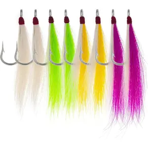 8/9 Pack Bucktail Teaser Hooks (Non-Weighted), Professional Hand-Tied Saltwater Fishing Hooks for Fluke & Striped Bass Rigs, Includes White Chartreuse Yellow Pink, 5/0 High Carbon Steel Hooks