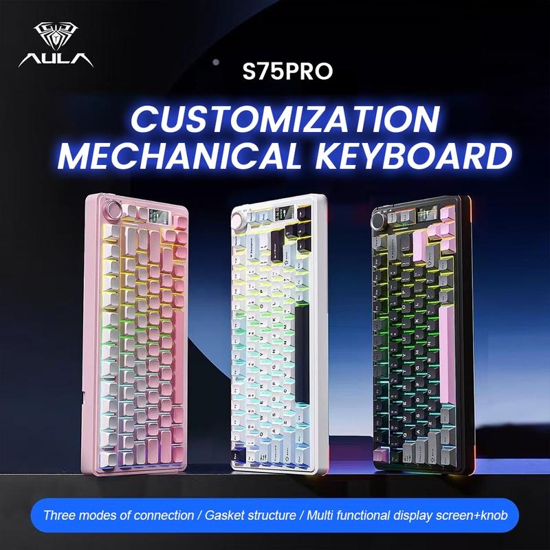 AULA S75Pro Wireless Mechanical Keyboard, Hot swappable keyboard, With Gasket Structure Featuring Five-layer Sound-Absorbing Filling Full-key Hot-Swap Design Multimedia Display RGB Lighting Effects Suitable For Office, e-Sports, Gaming