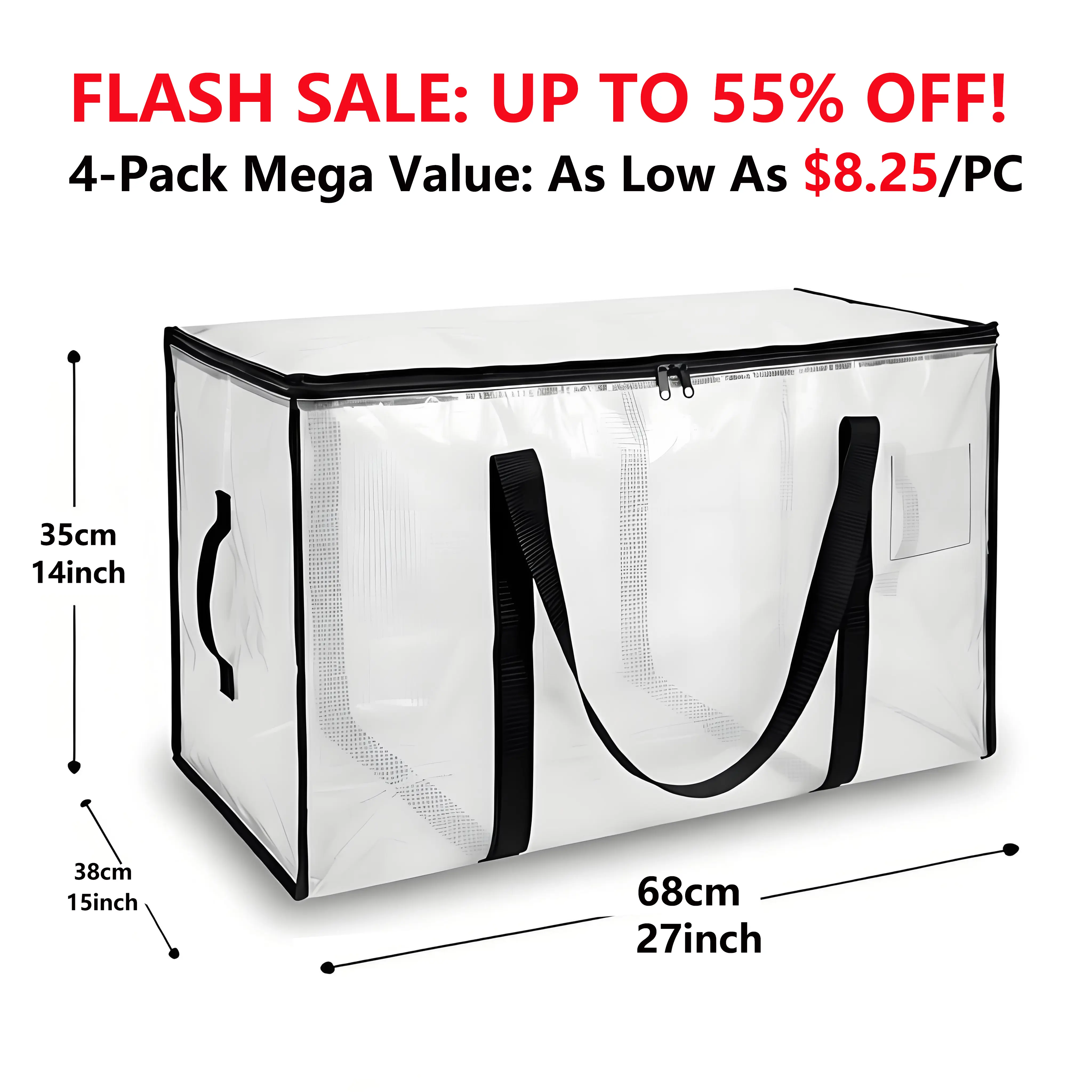 88L Storage Bag Water-Resistant Moving Tote with Reinforced Handles Translucent Closet Organizer for Clothes Blanket Comforter College Dorm Moving Essentials 1/2/3/4/8 Pack