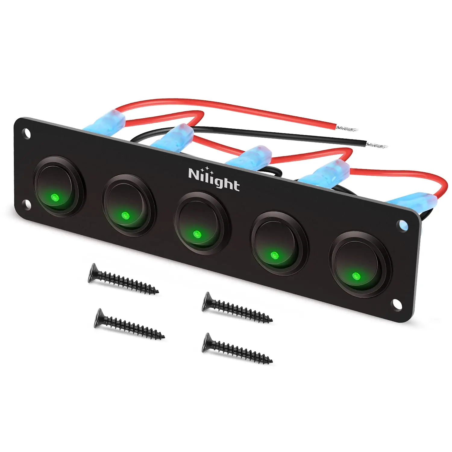 Nilight 5-Gang 3-Pin Aluminum Rocker Switch Panel - 20A Waterproof 12V Green On-Off Toggle LED Light Switches for Cars, LED Lighting Accessories Nilight 5-Gang 3-Pin Aluminum Rocker Switch Panel - 20A Waterproof 12V Green On-Off Toggle LED Light Switches for Cars, LED Lighting Accessories