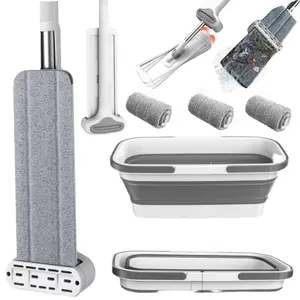 Microfiber Magic Mop for Floor Cleaning Hands-Free Squeeze Mop 360° Stainless-Steel Handle Bucket Less Mop with Microfiber Refill for Home Cleaning 3 x Washable Pads without Bucket