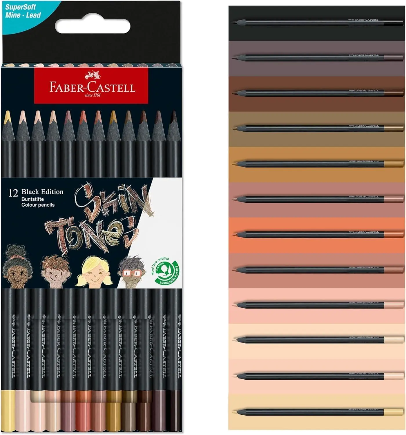 Faber-Castell Black Edition Skin Tone Colored Pencils | Back to School Must Haves | 12 Count, Super Soft Core Lead, Skin Tone Colored Pencil Set, Coloring Pencils for Kids, Art Supplies for Teens