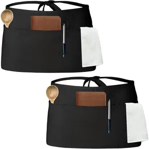 Server Aprons with 3 Pockets, Waitress Waiter  Apron for Women Men Restaurant  Black Half Apron