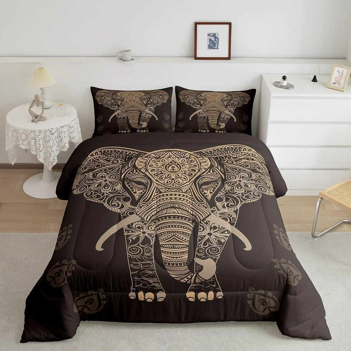 Ethnic Elephant Print Comforter Set Elephant Comforter Boho Exotic Room DecorBedding Set Wild Animal Duvet Set Quilt