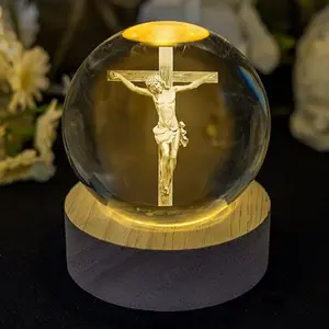 Crystal Ball Jesus Statue Wooden Base Glass Sphere Religious Collection Home Decoration Gift Ornament Glow-in-the-Dark Light Colorful Led Figurine