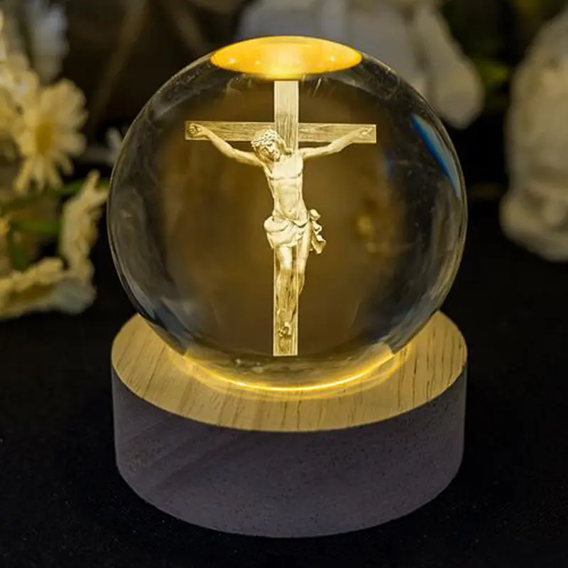 Crystal Ball Jesus Statue Wooden Base Glass Sphere Religious Collection Home Decoration Gift Ornament Glow-in-the-Dark Light Colorful Led Figurine