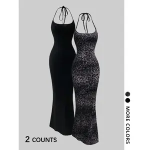 Women's leopard print adjustable shoulder strap strapless dress, two-piece open neck long sleeved crop top, elegant and fashionable casual wear, suitable for daily outdoor wear, summer women's clothingRAIMENTRY