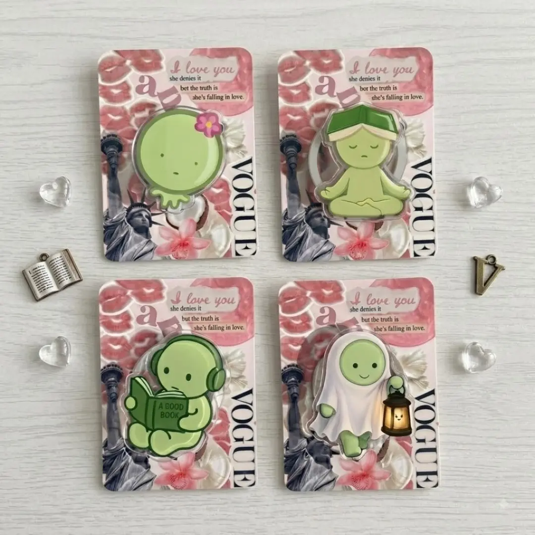 Green Blob Creature Phone Grip Kawaii Matcha Cute Meditate Ghost Reading Collapsible Phone Holder Stand for iPhone Samsung Gift Set