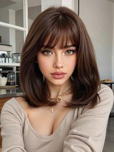 wig, 14 inch natural curly hair, bangs women's wig, heat resistant smooth fashion casual wig, medium length all seasons